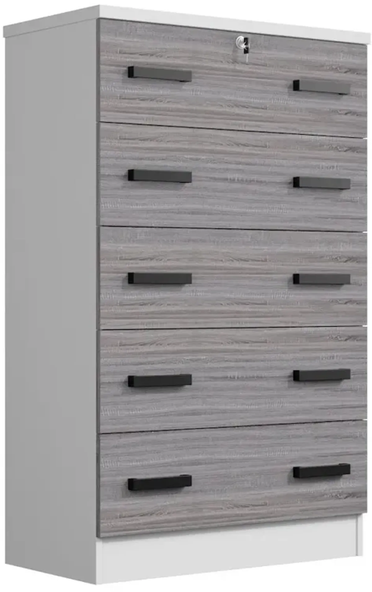 Cindy 5 Drawer Chest Wooden Dresser with Lock (White & Grey)