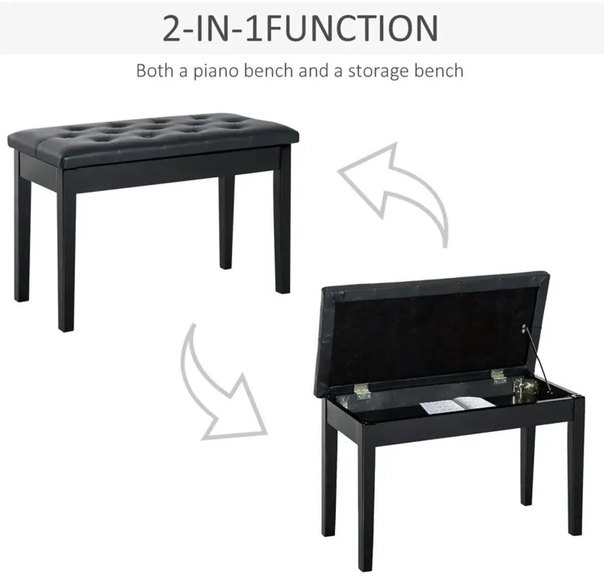 Classic Music Companion: Black 2-Person Birchwood Piano Bench with Padding