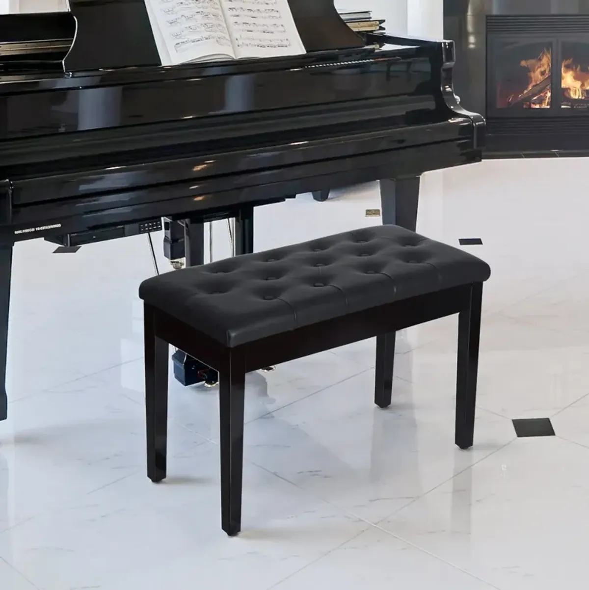 Classic Music Companion: Black 2-Person Birchwood Piano Bench with Padding