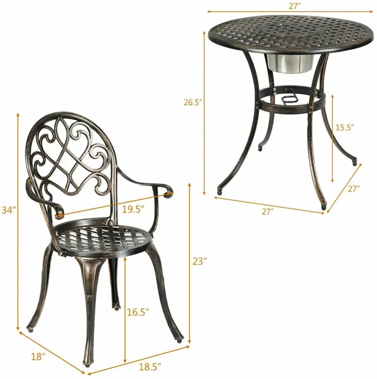 3 Pieces Outdoor Set Patio Bistro with Attached Removable Ice Bucket