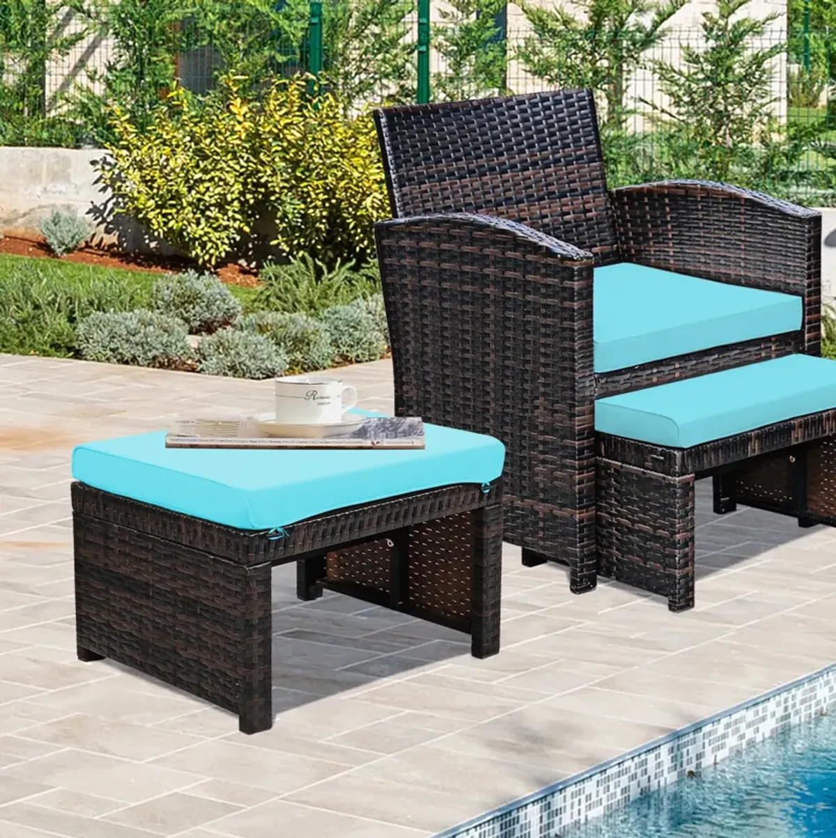 2 Pieces Patio Rattan Ottomans with Soft Cushion for Patio and Garden