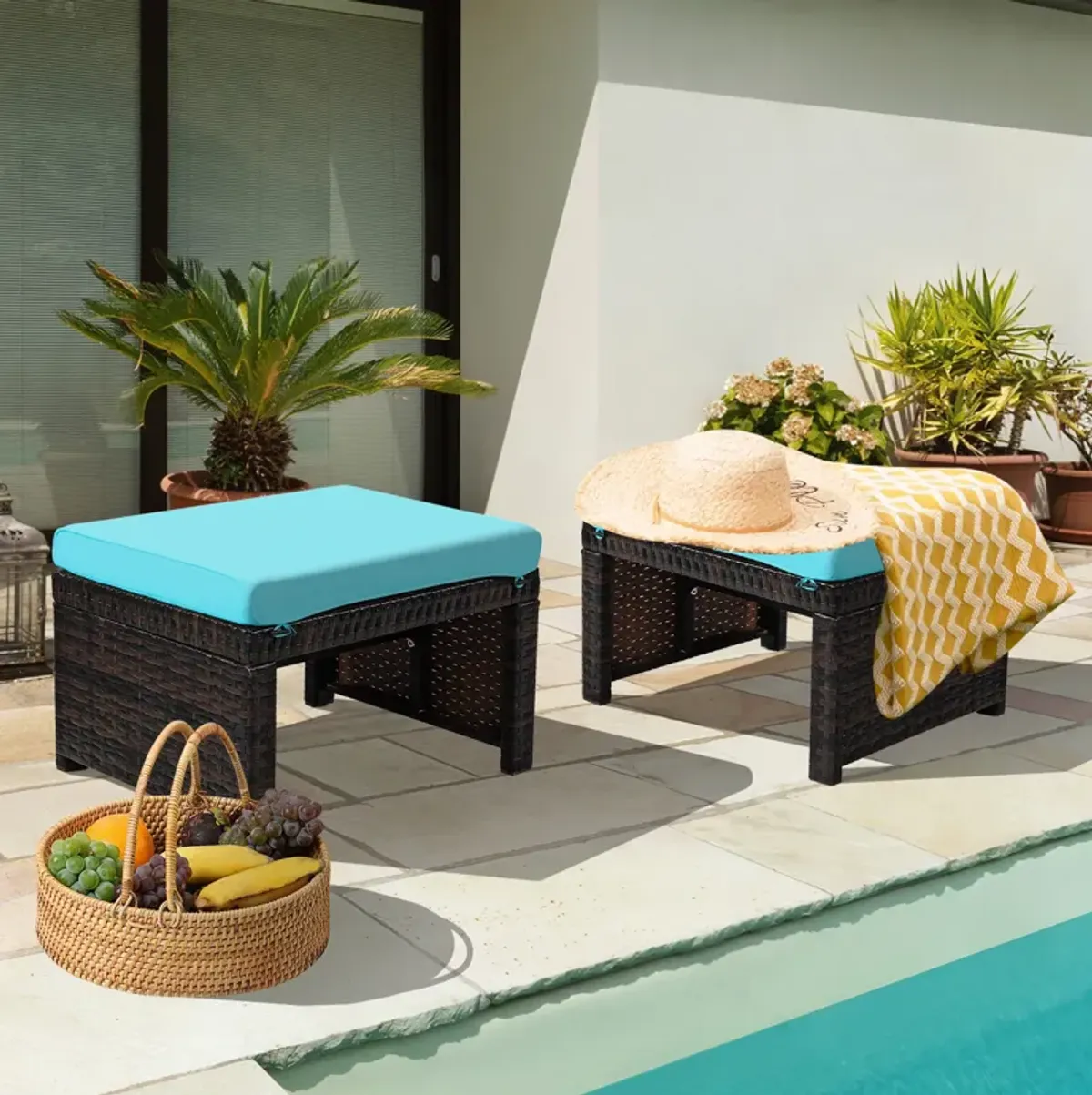 2 Pieces Patio Rattan Ottomans with Soft Cushion for Patio and Garden