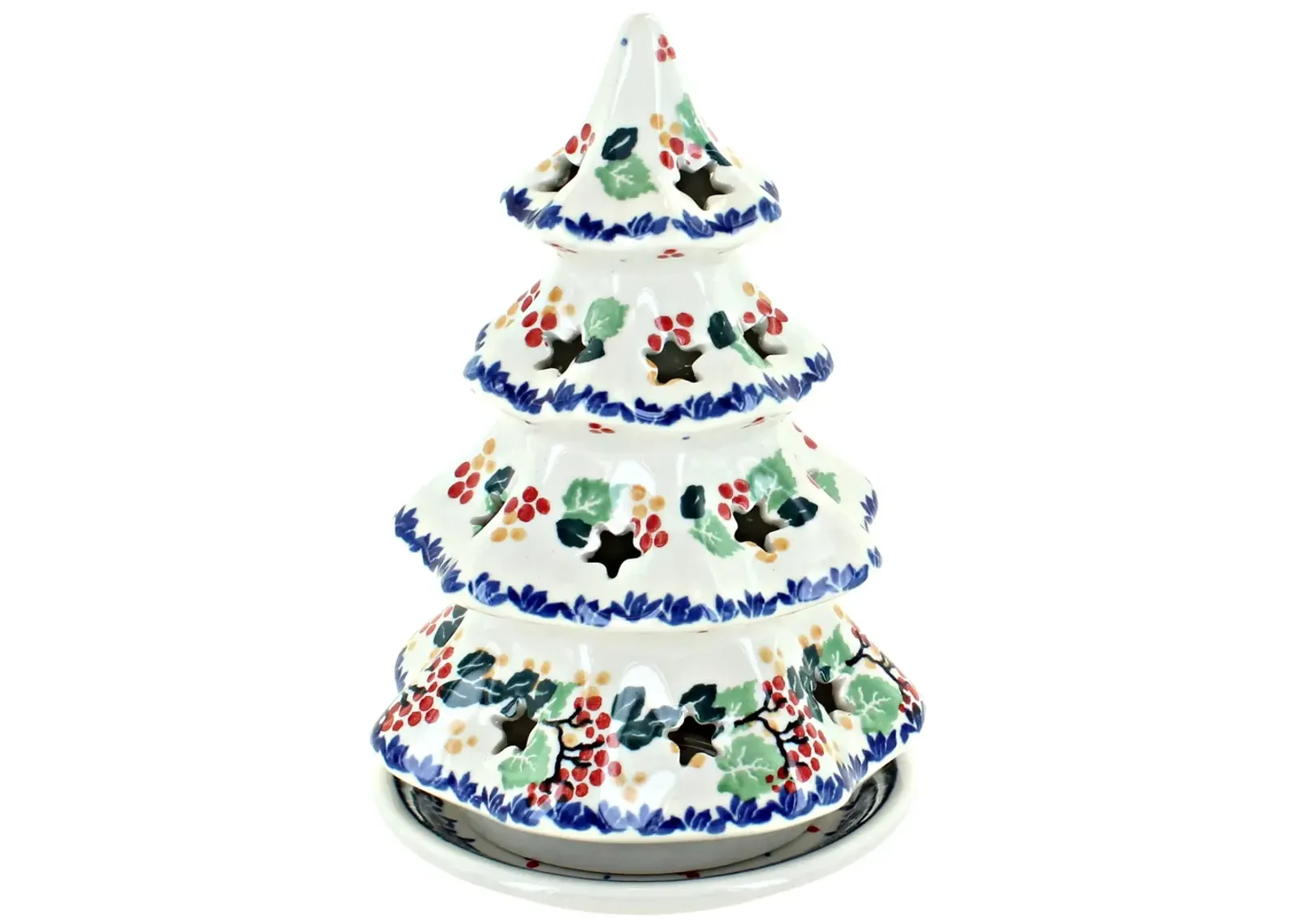 Blue Rose Polish Pottery Holiday Flower Medium Christmas Tree Luminary