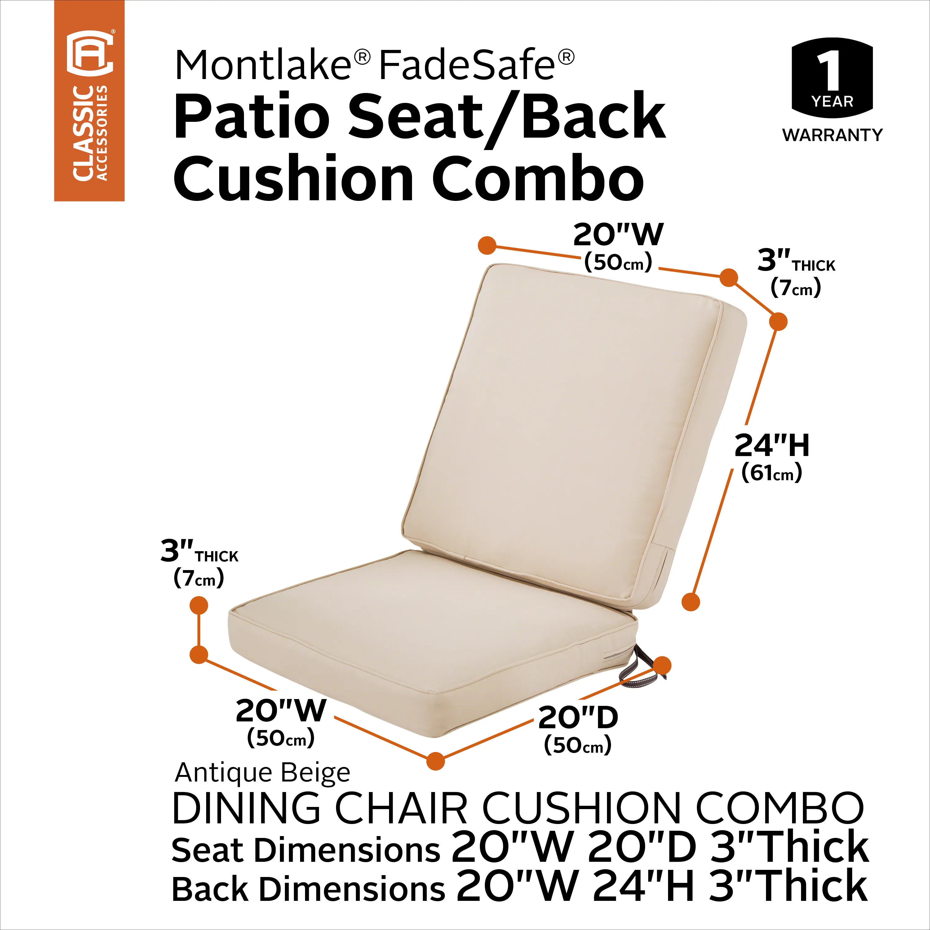 Classic Accessories FadeSafe Chair, Antique Beige, 44" L x 20�W T Montlake Quilted Patio Cushion, 20" W x 20" D x 3" x20"W x 24" H x 3"