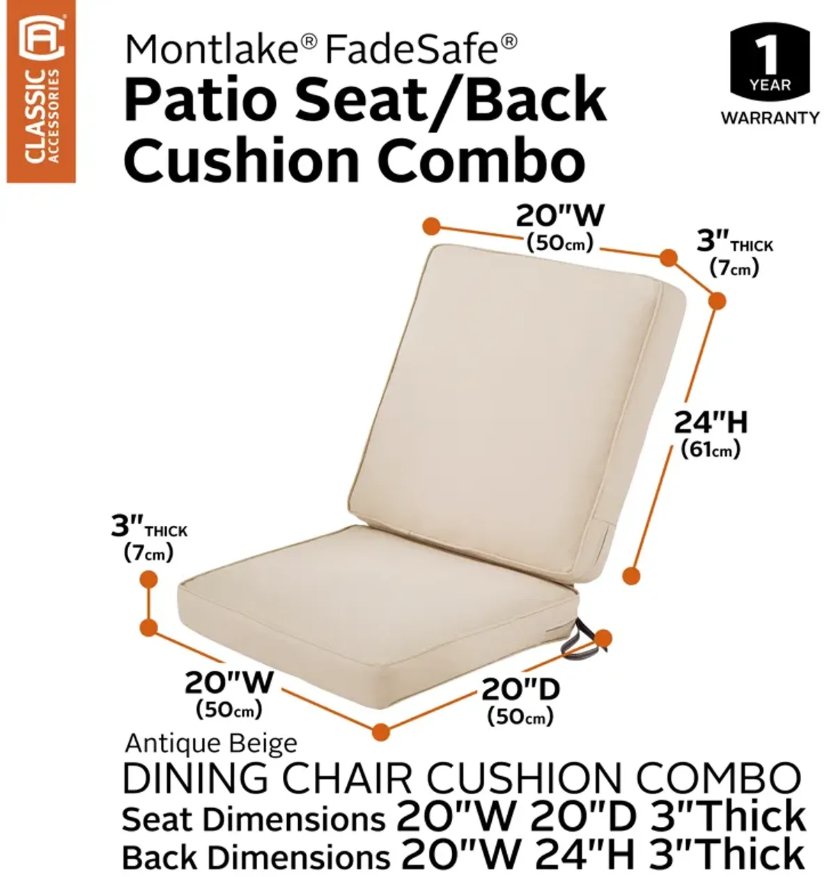 Classic Accessories FadeSafe Chair, Antique Beige, 44" L x 20�W T Montlake Quilted Patio Cushion, 20" W x 20" D x 3" x20"W x 24" H x 3"