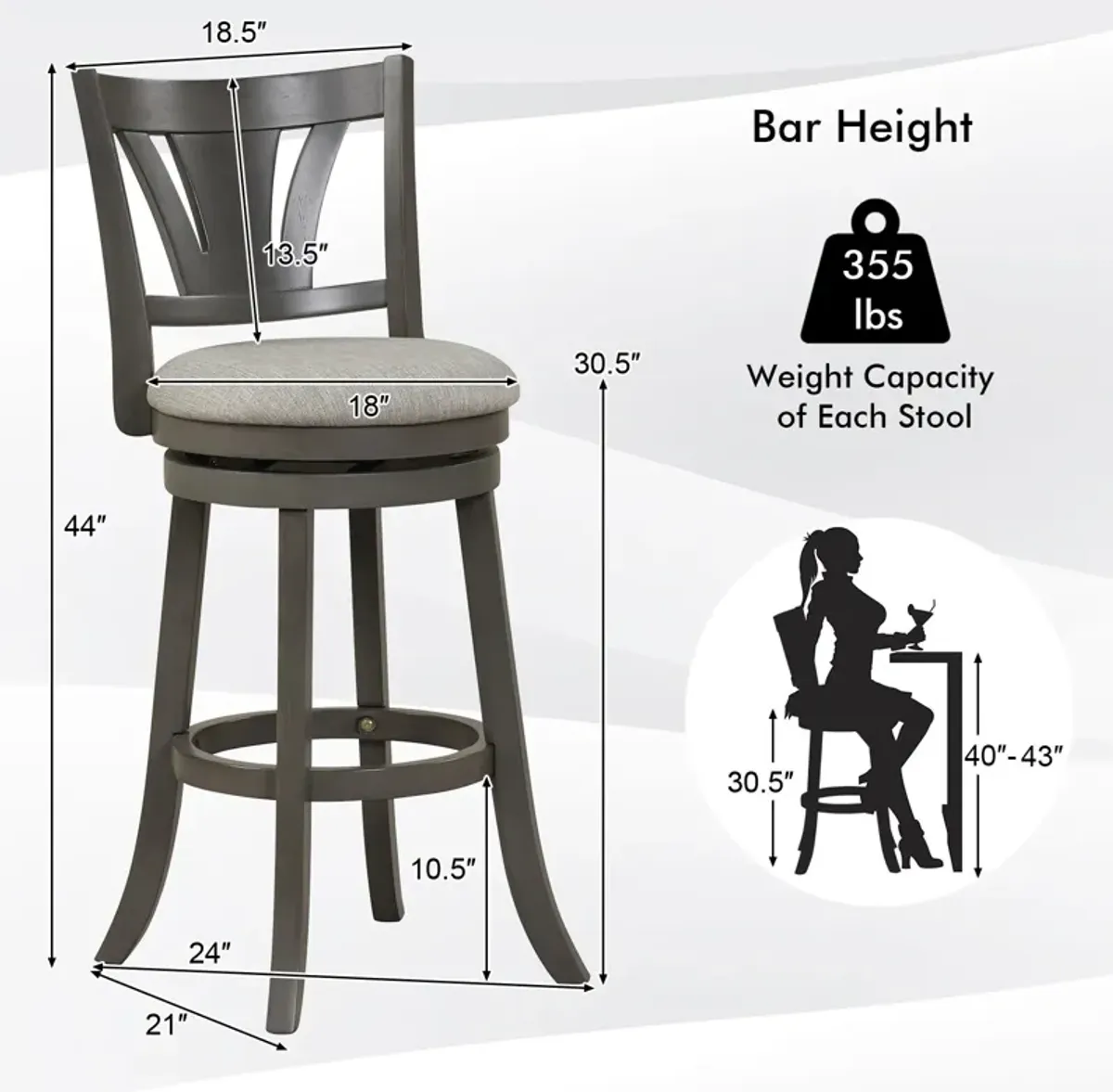 30.5 Inch Swivel Bar Stool with Backrest Soft Cushioned Seat and Footrest Gray-30.5 inches