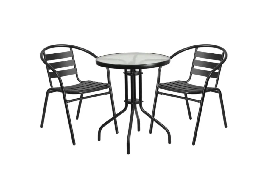 Flash Furniture 23.75'' Round Glass Metal Table with 2 Black Metal Aluminum Slat Stack Chairs