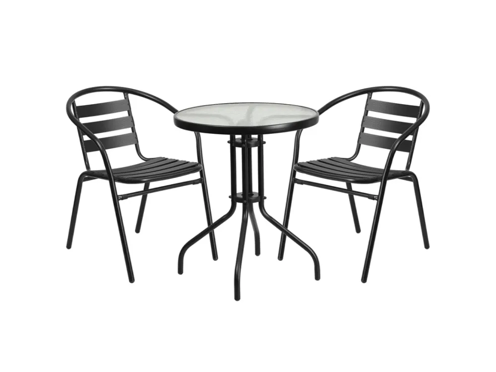 Flash Furniture 23.75'' Round Glass Metal Table with 2 Black Metal Aluminum Slat Stack Chairs