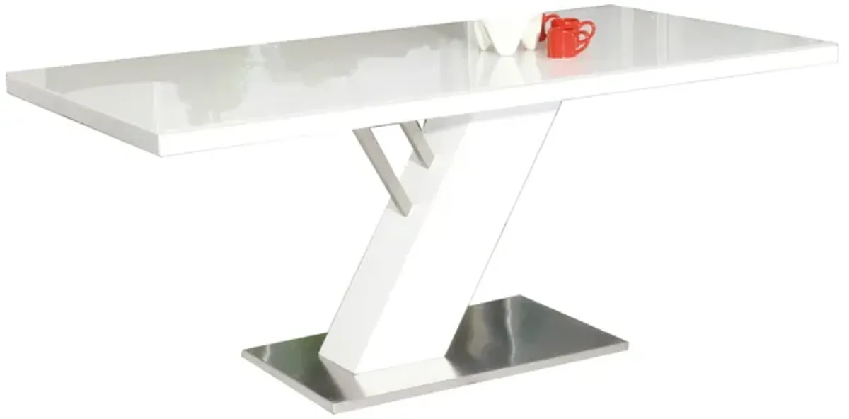 63 Inch Dining Table, Modern White Lacquered Rectangular Top, Steel Base - Benzara