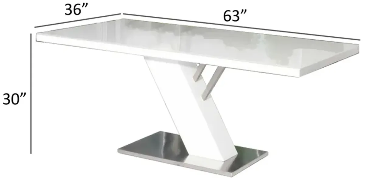 63 Inch Dining Table, Modern White Lacquered Rectangular Top, Steel Base - Benzara