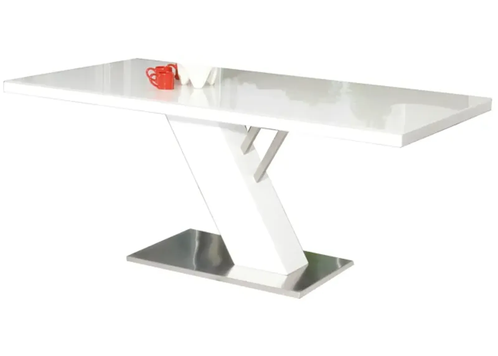 63 Inch Dining Table, Modern White Lacquered Rectangular Top, Steel Base - Benzara