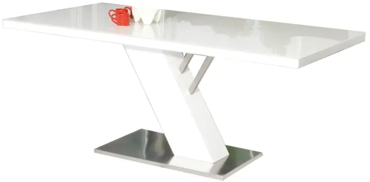 63 Inch Dining Table, Modern White Lacquered Rectangular Top, Steel Base - Benzara