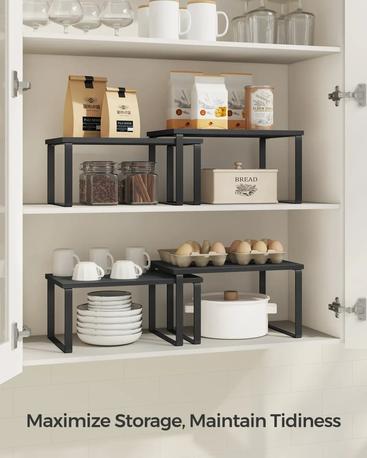 Set of 4 Stackable Cabinet Shelf Organizers - Metal and Particleboard Kitchen Counter Shelves, Expandable