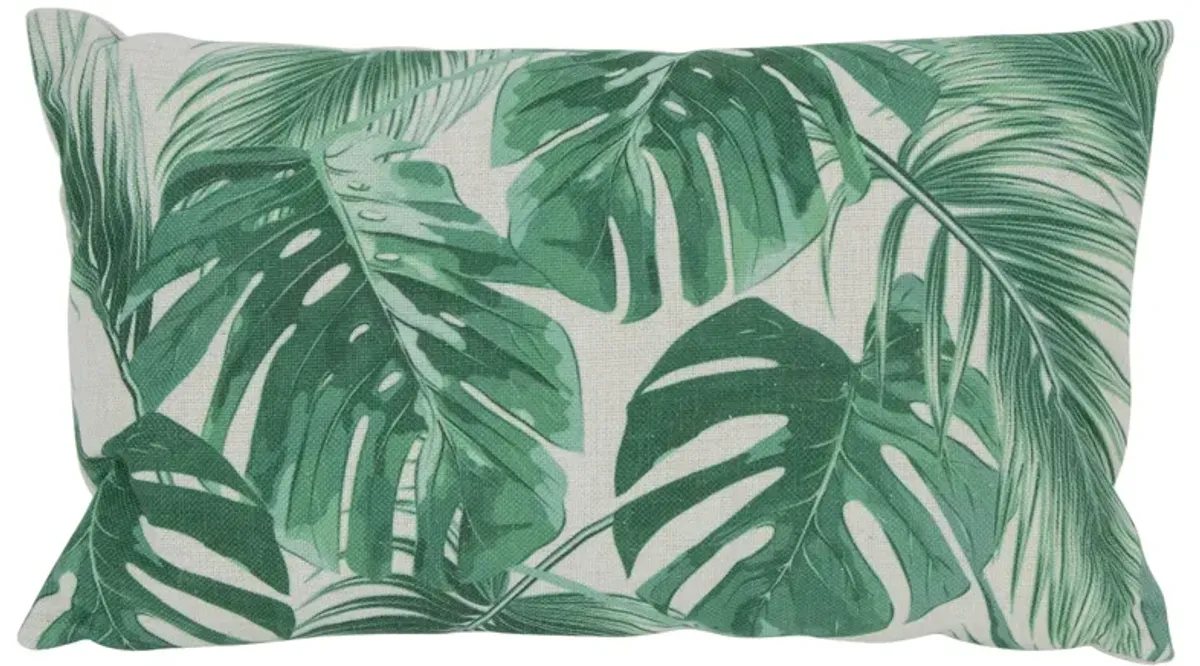 19" Green and White Tropical Leaves Printed Rectangular Throw Pillow