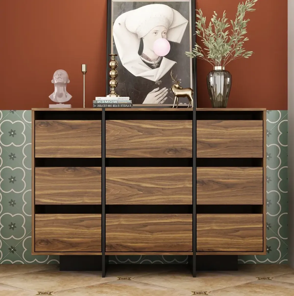 FUFU&GAGA Modern 9-Drawer Dresser with Walnut Finish and Ample Storage for Bedroom or Living Room (39.4" W x 28.3" H x 13.2" D) Brown