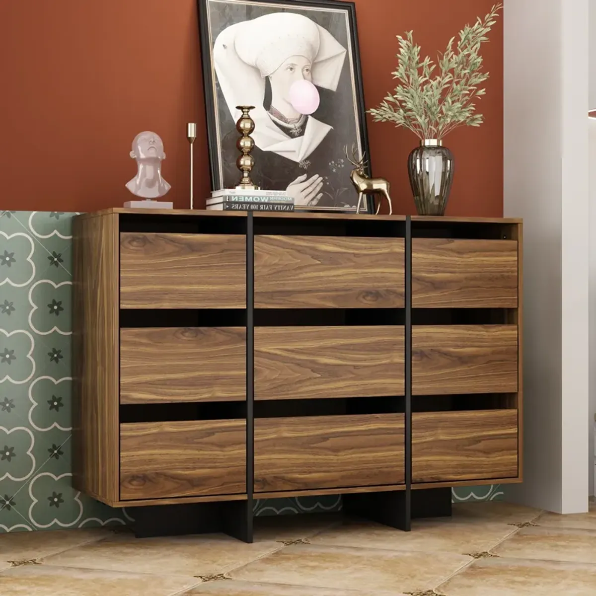 FUFU&GAGA Modern 9-Drawer Dresser with Walnut Finish and Ample Storage for Bedroom or Living Room (39.4" W x 28.3" H x 13.2" D) Brown