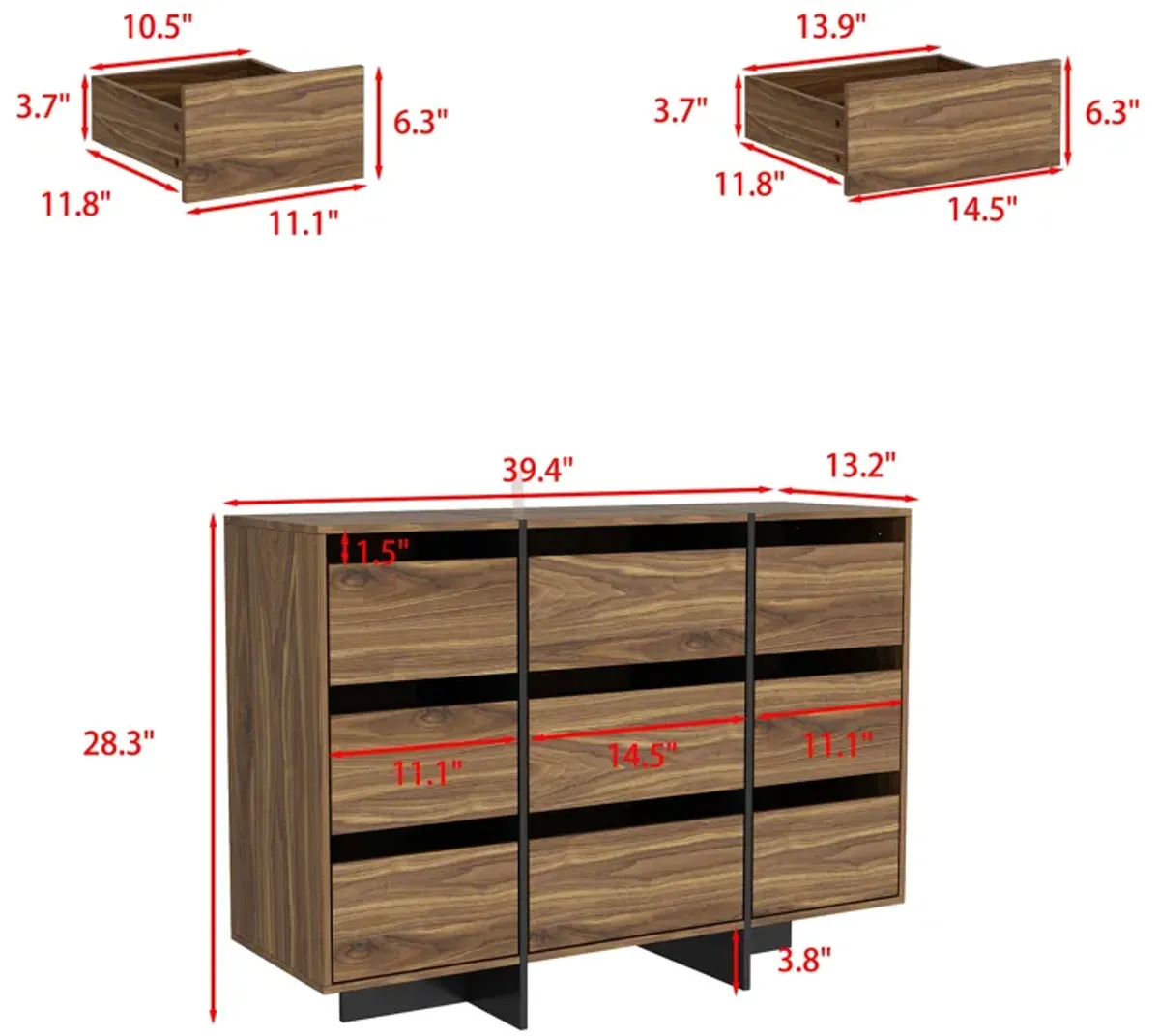 FUFU&GAGA Modern 9-Drawer Dresser with Walnut Finish and Ample Storage for Bedroom or Living Room (39.4" W x 28.3" H x 13.2" D) Brown