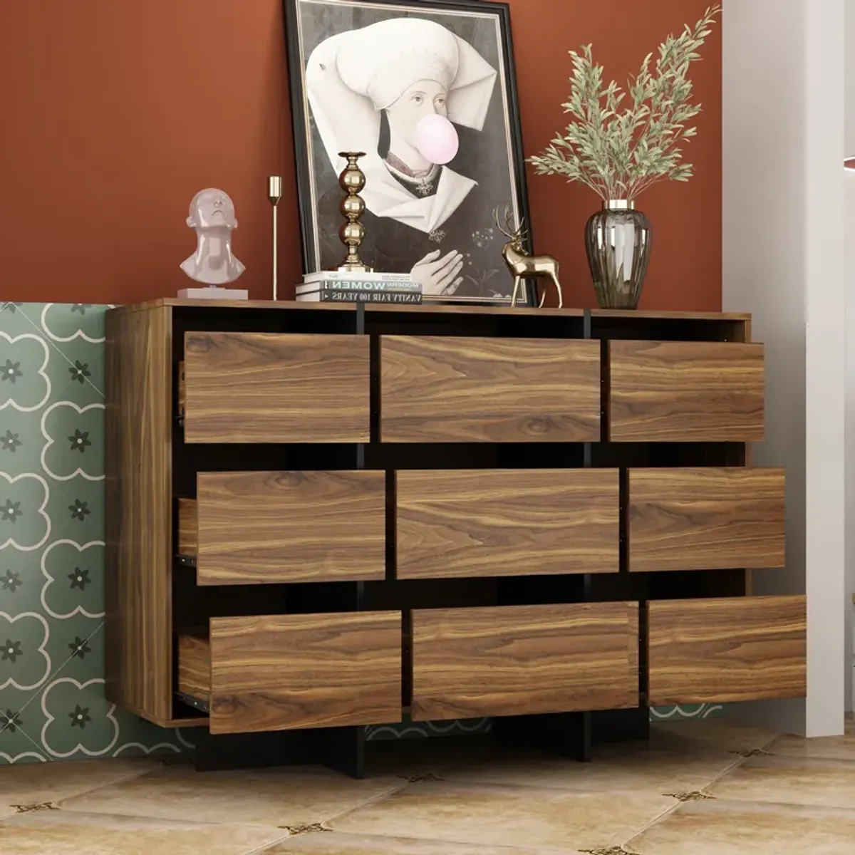 FUFU&GAGA Modern 9-Drawer Dresser with Walnut Finish and Ample Storage for Bedroom or Living Room (39.4" W x 28.3" H x 13.2" D) Brown