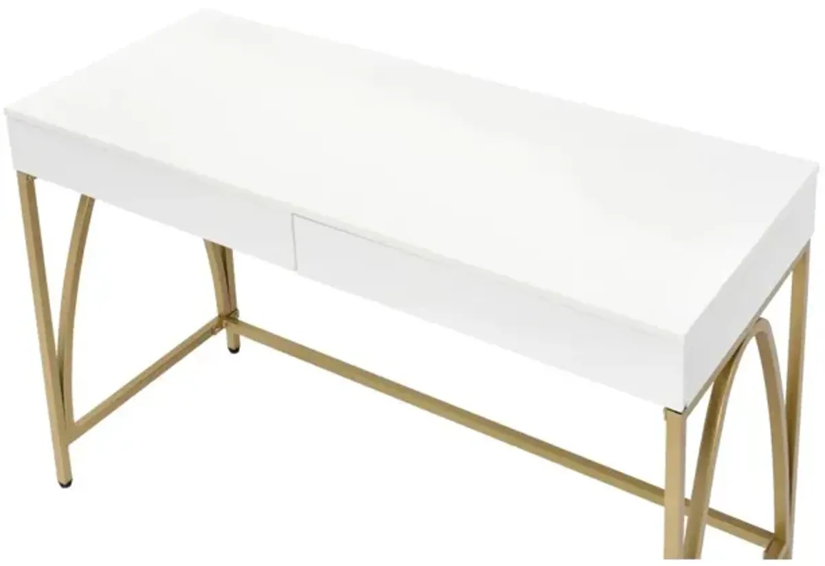 Lightmane Vanity Desk In White High Gloss & Gold Finish