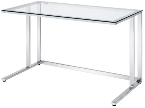 Writing Desk with Glass Top and Built in USB Port, Clear and Chrome-Benzara