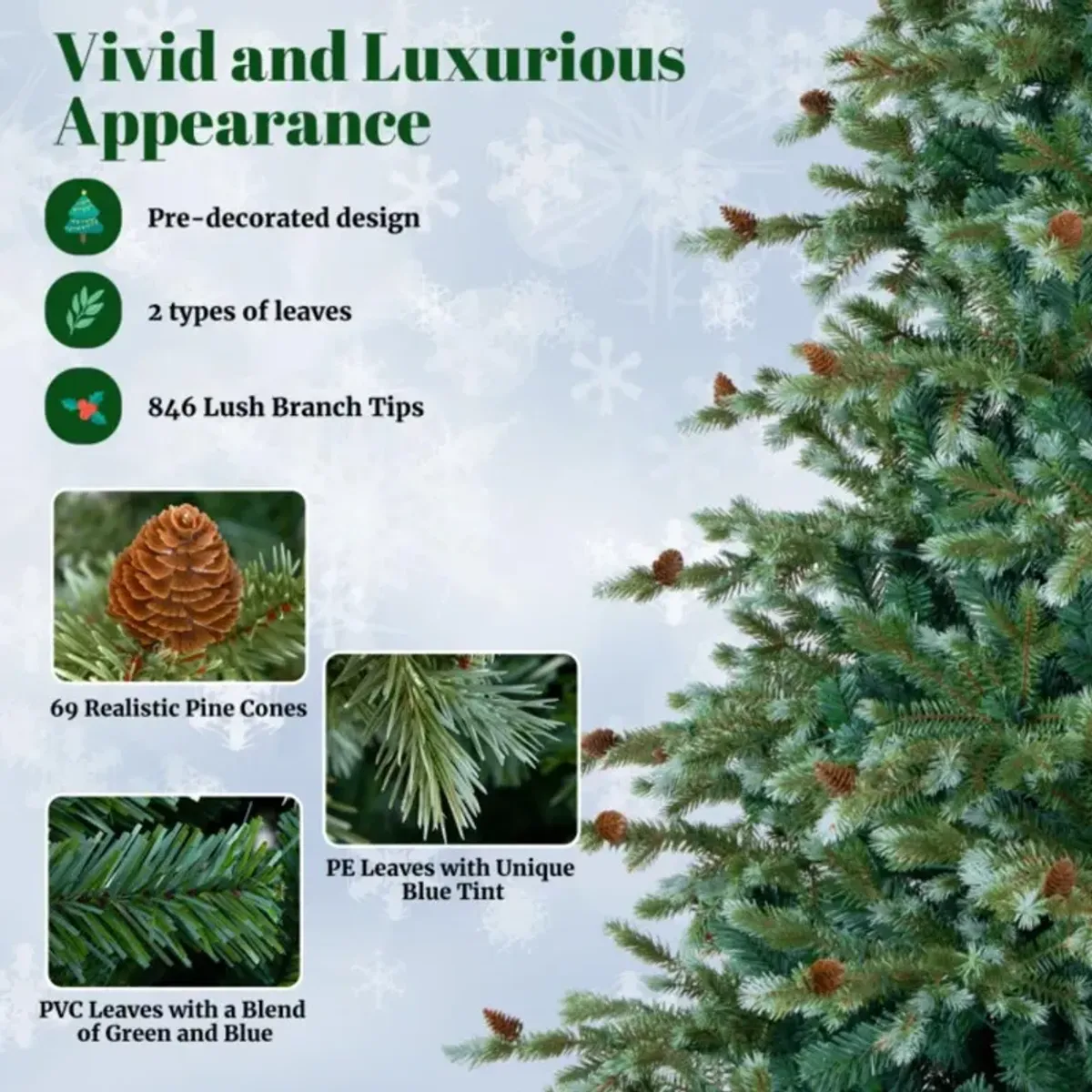 Hivvago 6/7/8 Feet Christmas Tree with Warm White LED Lights and Pine Cones