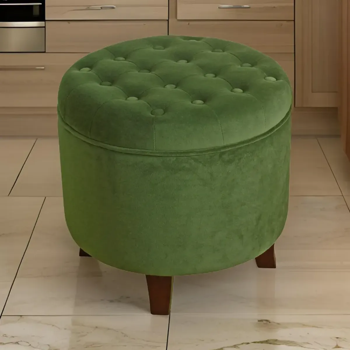 Button Tufted Velvet Upholstered Wooden Ottoman with Hidden Storage, Green and Brown - Benzara