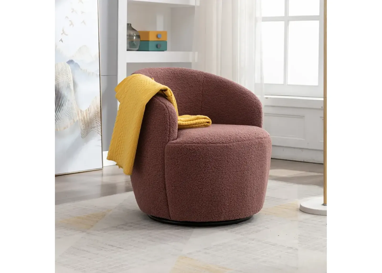 Teddy Fabric Swivel Accent Armchair Barrel Chair With Powder Coating Metal Ring, Dark