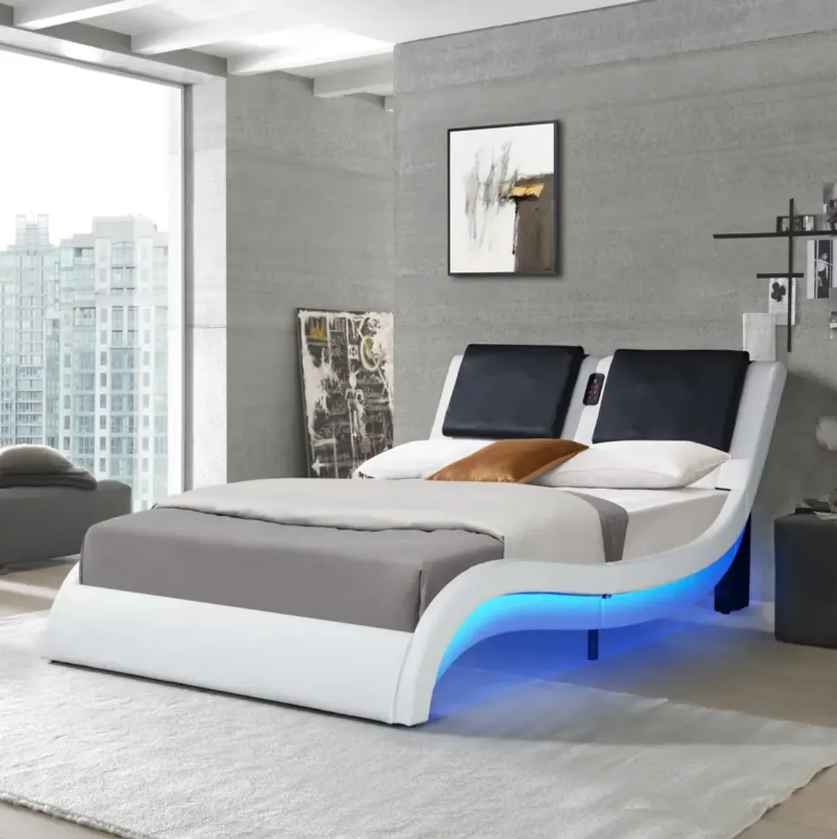 PU Leather Upholstered Platform Bed Frame With LED Lighting, Tooth Connection