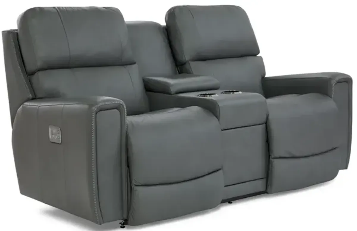 Apollo Blue Grey Leather Power Reclining  Loveseat with Headrest