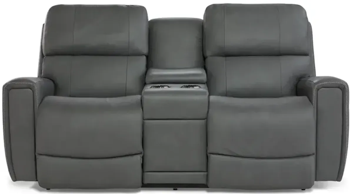 Apollo Blue Grey Leather Power Reclining  Loveseat with Headrest