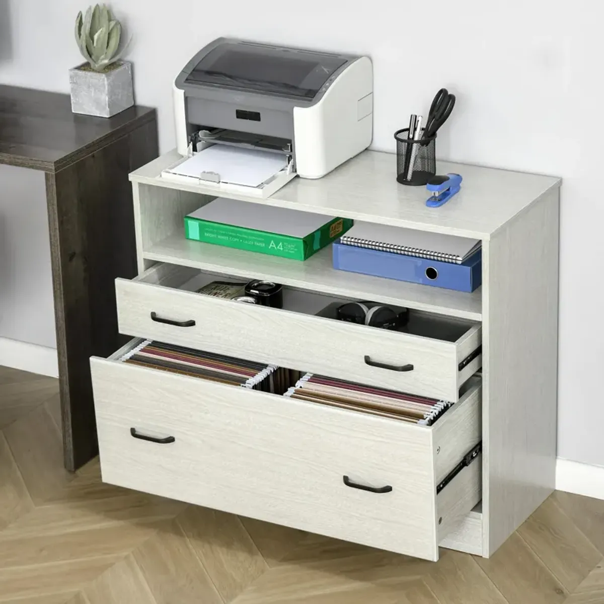 Grey Office Organizer: Lateral File Cabinet with 2 Drawers