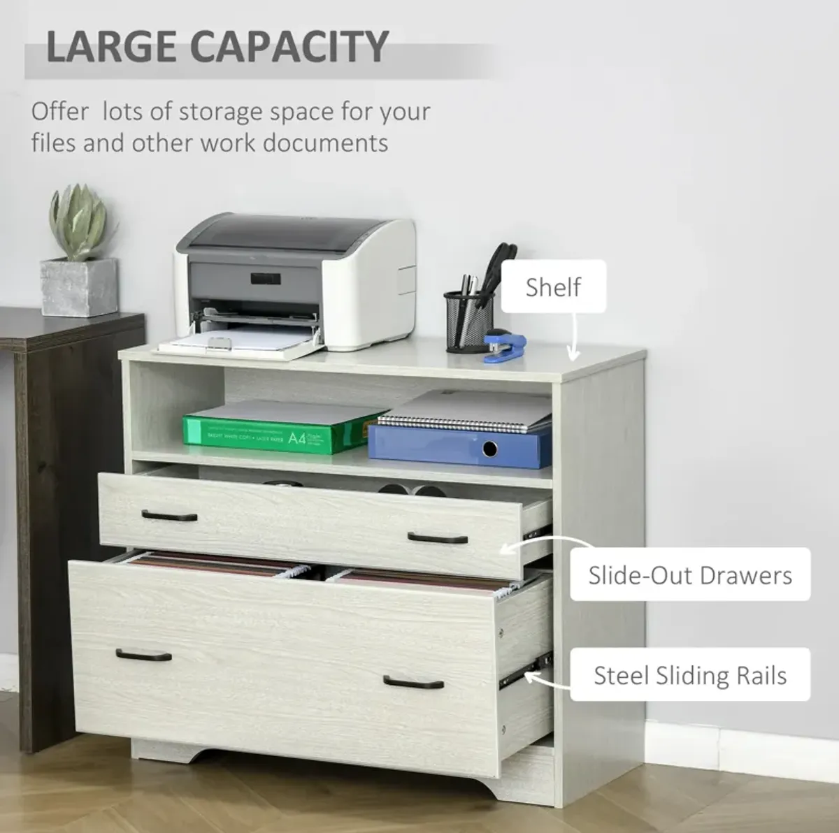 Grey Office Organizer: Lateral File Cabinet with 2 Drawers