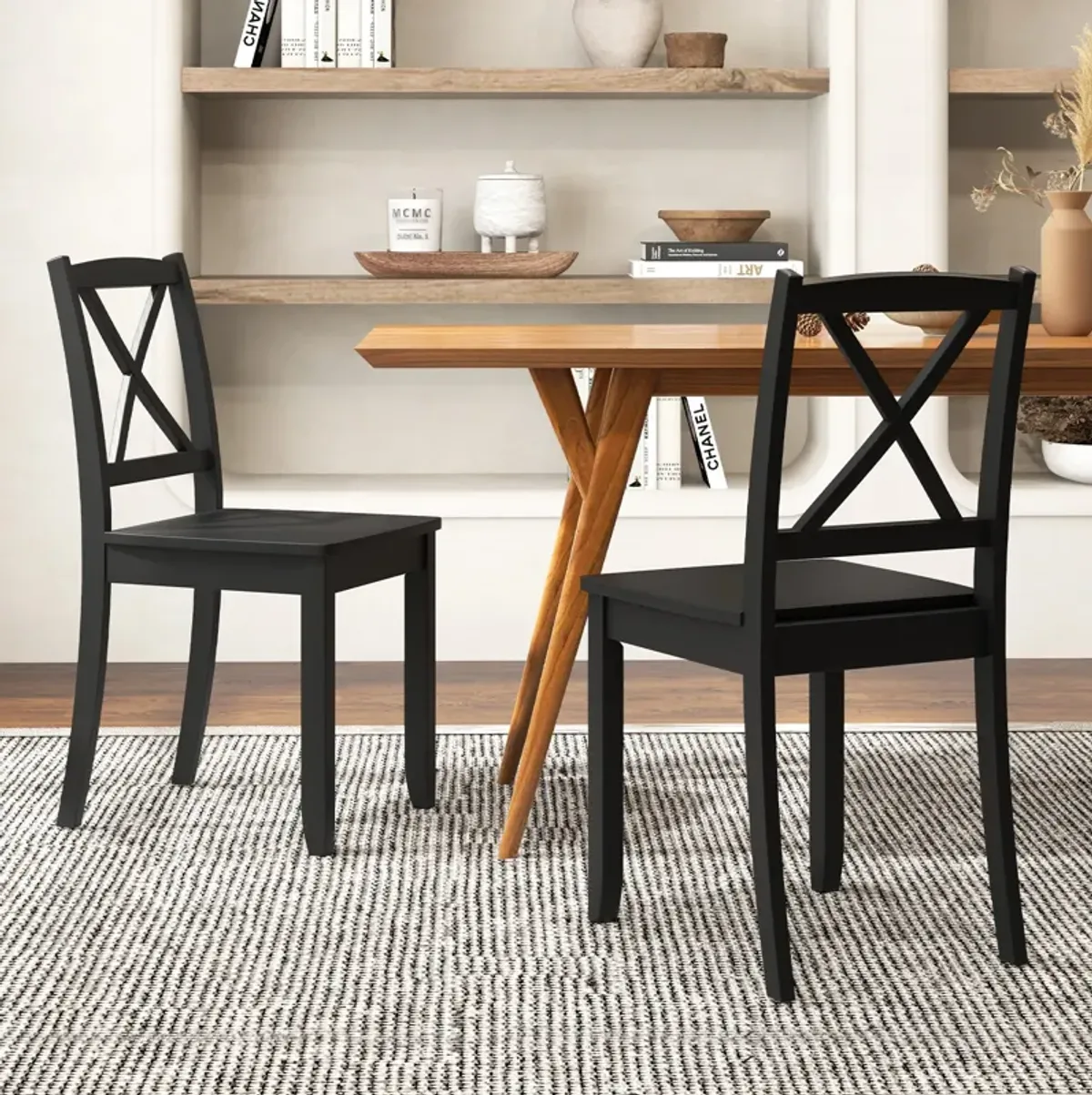 Wood Dining Chair Set of 2 with Rubber Wood Legs and Curved Backrest