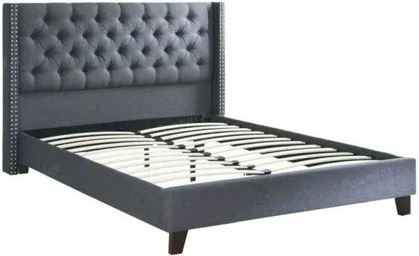 Polyfiber Upholstered Queen Size Bed Featuring Nail head Trim Blue Gray - Benzara