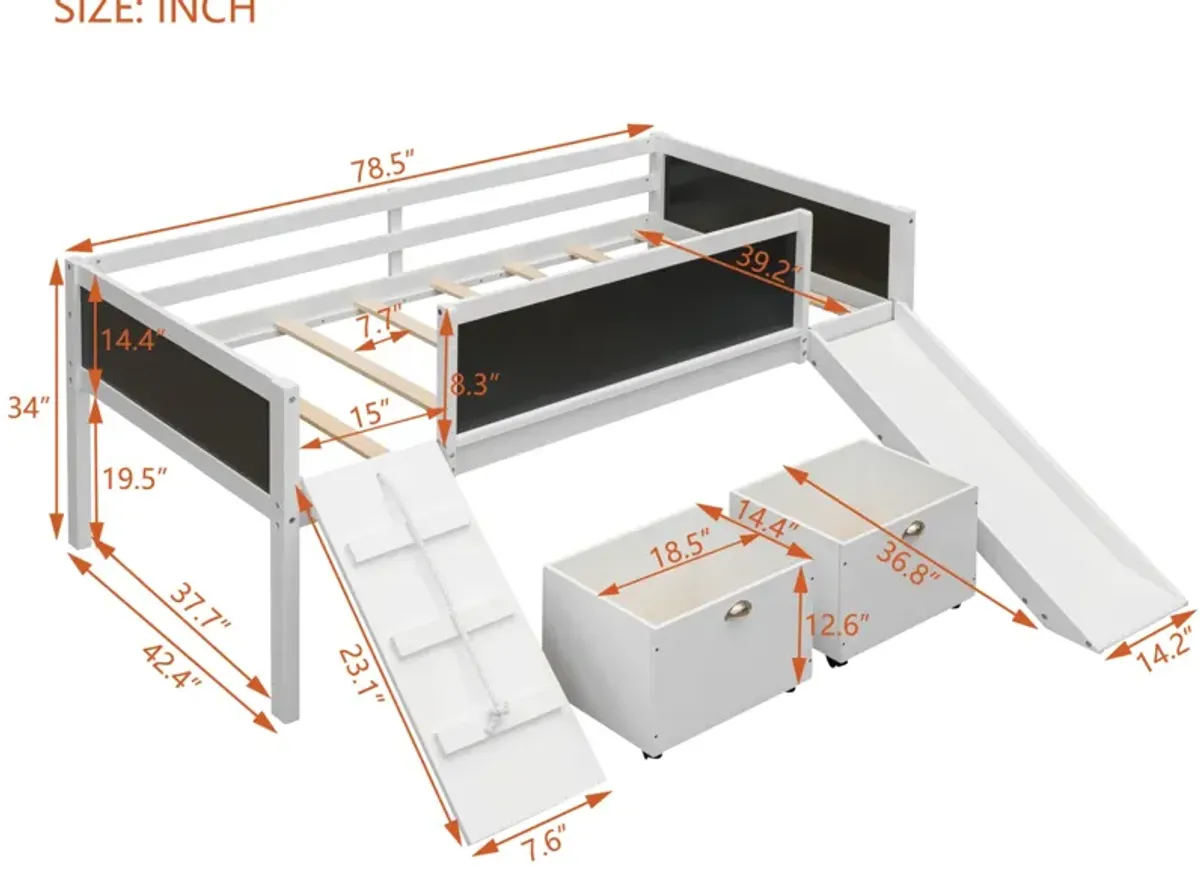 Twin size Loft Bed Wood Bed with Two Storage Boxes