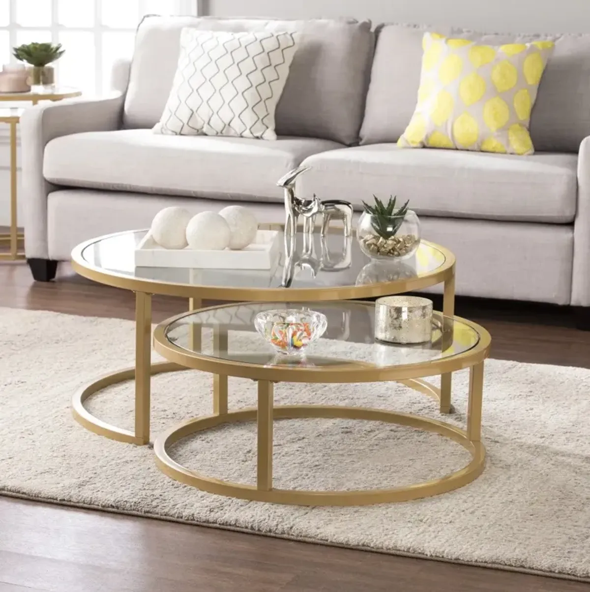 Hivvago Set of Two Gold Glass Round Nested Coffee Tables