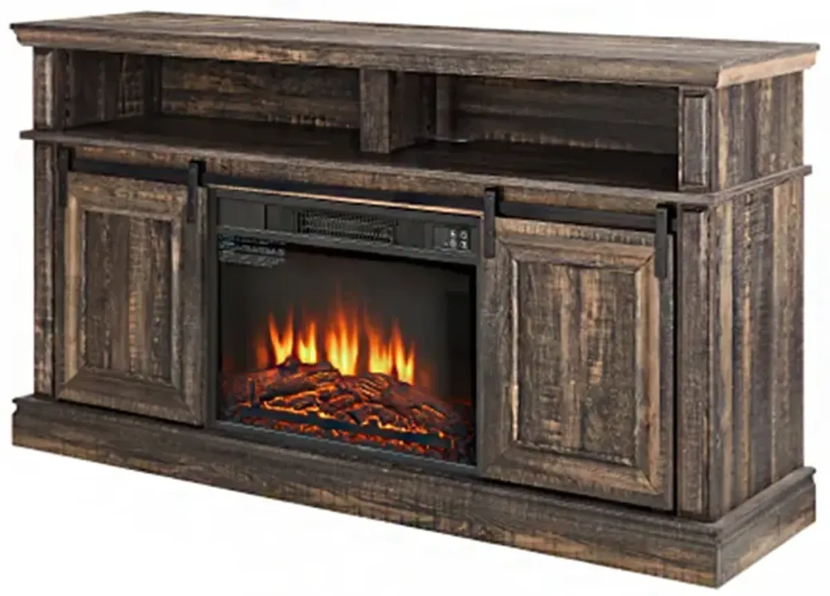 Multifunctional Entertainment TV Cabinet with 23" Electric Fireplace Sliding Door Large Storage Space 58" Width Bronze Brown