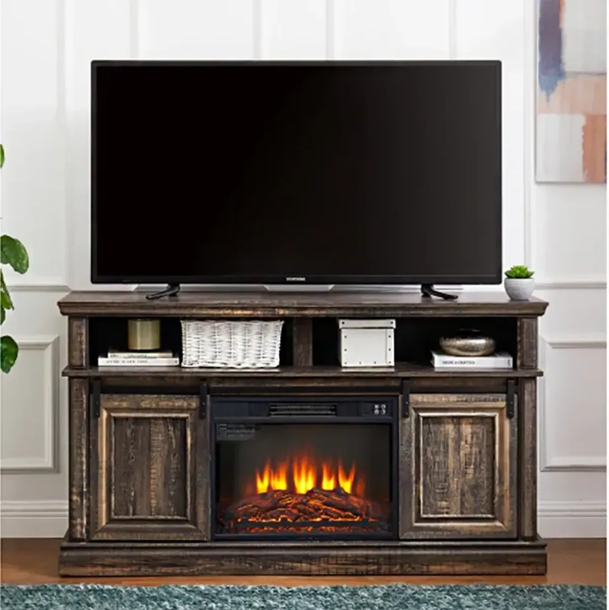 Multifunctional Entertainment TV Cabinet with 23" Electric Fireplace Sliding Door Large Storage Space 58" Width Bronze Brown