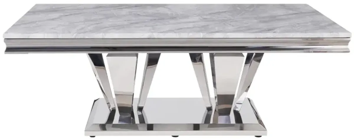 Satinka Coffee Table, Light Gray Printed Faux Marble & Mirrored Silver Finish