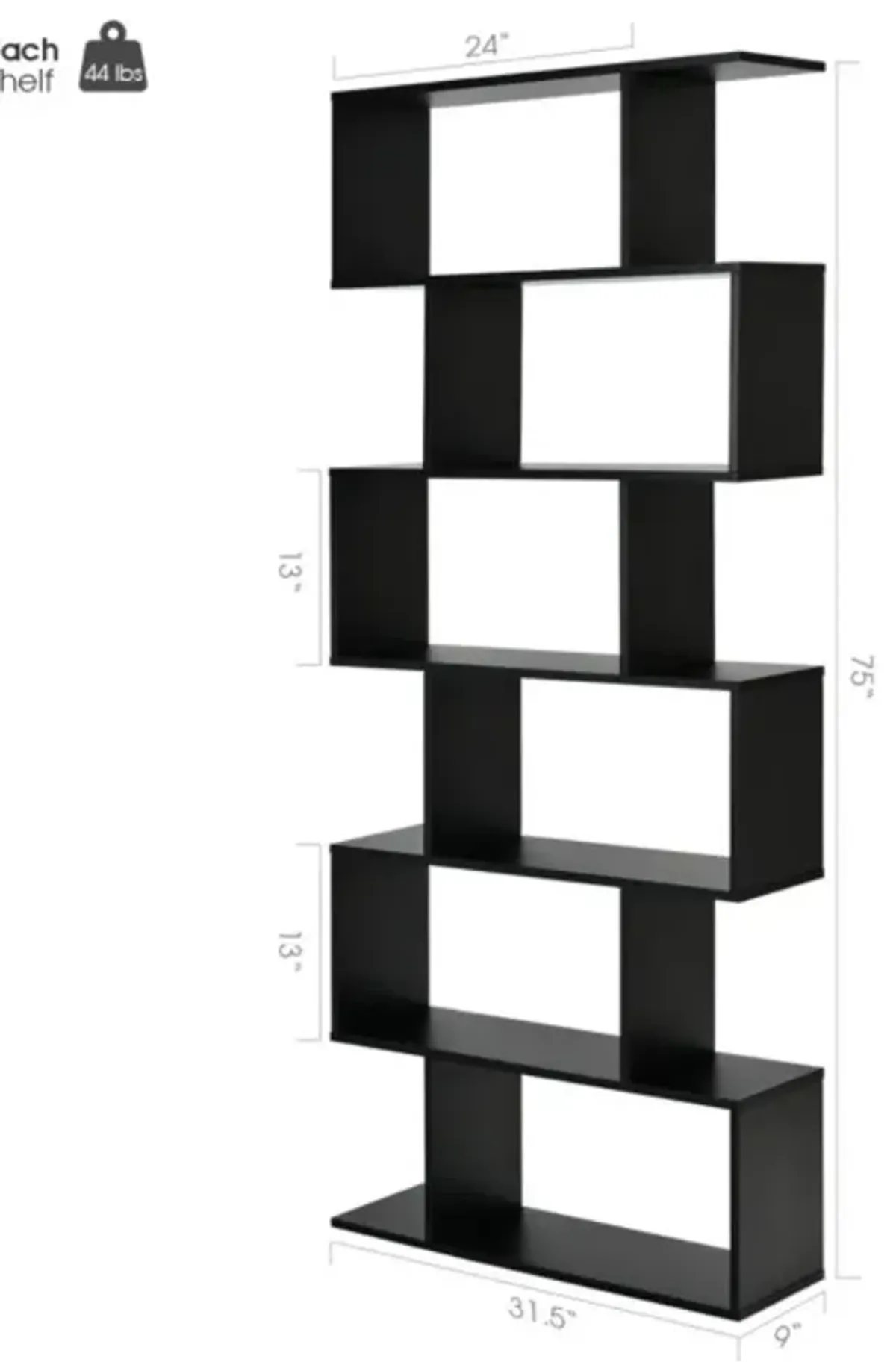 Hivvago 6 Tier S-Shaped Bookshelf Storage Display Bookcase Decor Z-Shelf