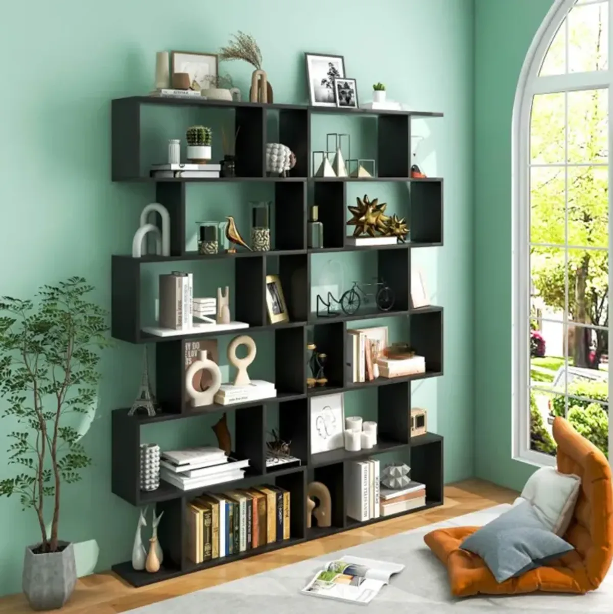 Hivvago 6 Tier S-Shaped Bookshelf Storage Display Bookcase Decor Z-Shelf