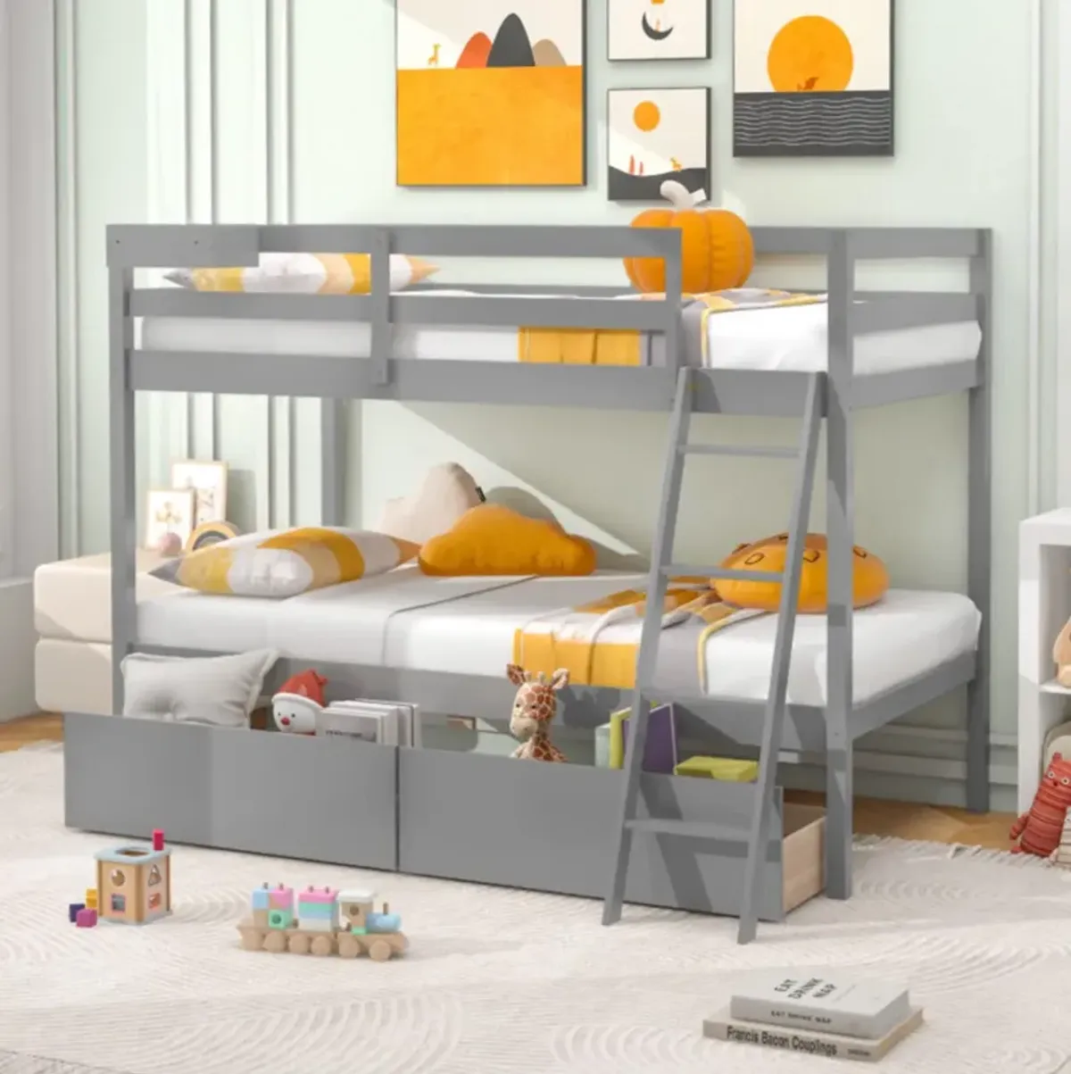 Hivvago Twin Over Twin Bunk Bed Wood Bed Frame with 2 Storage Drawers and Ladder