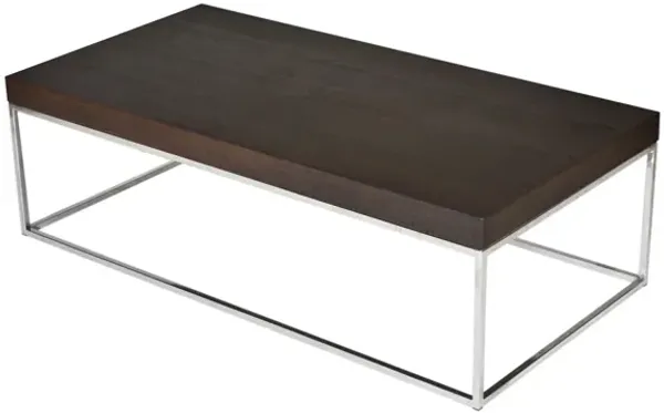 Zen 48 Inch Coffee Table, Rectangular Chrome Base, Dark Brown Solid Wood - Benzara