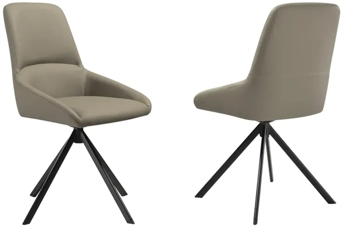 Rick 22 Inch Swivel Dining Chair Set of 2, Taupe Faux Leather, Black Legs - Benzara