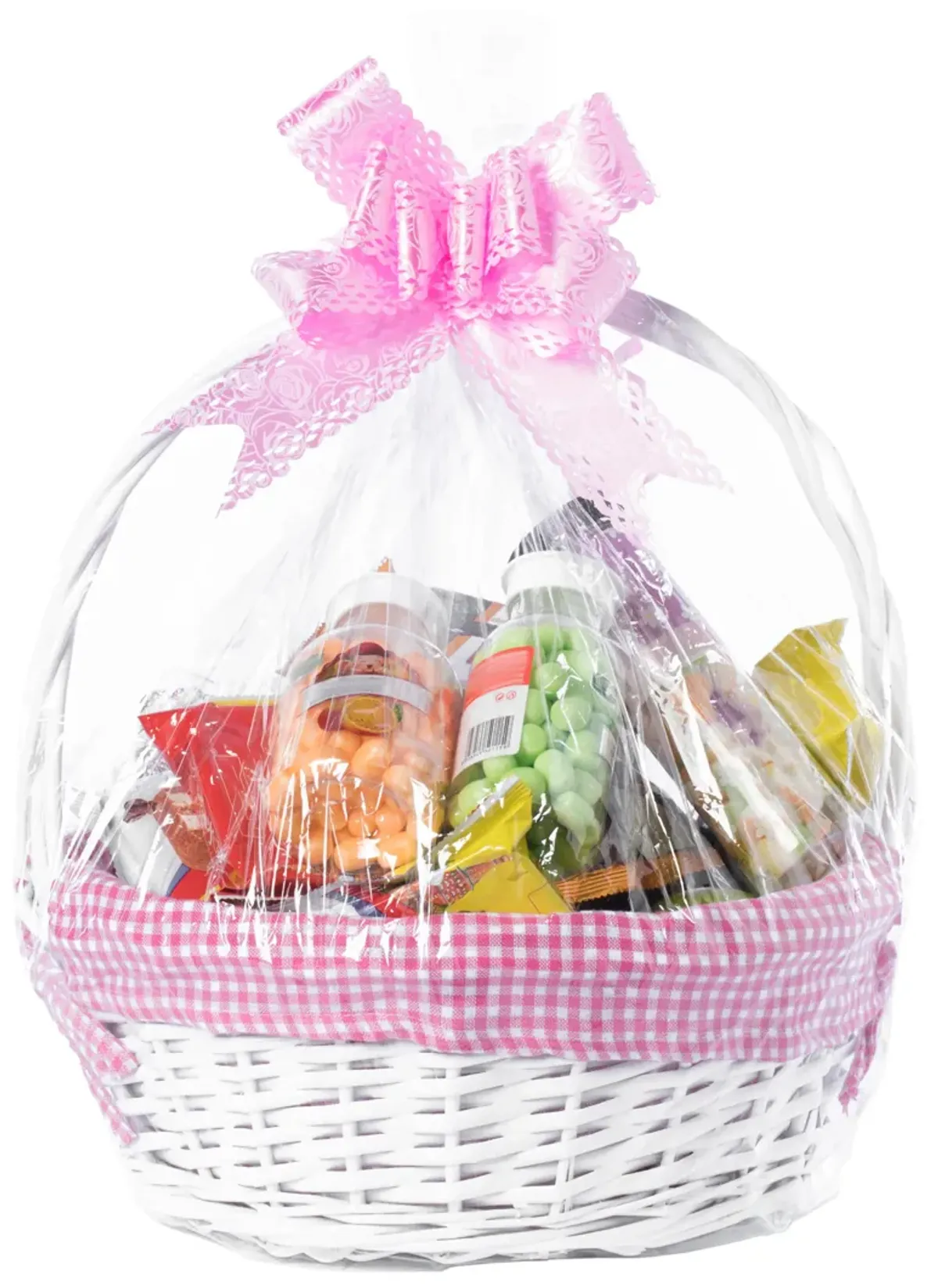 White Round Willow Gift Basket, with Pink Gingham Liner and Handle- Small