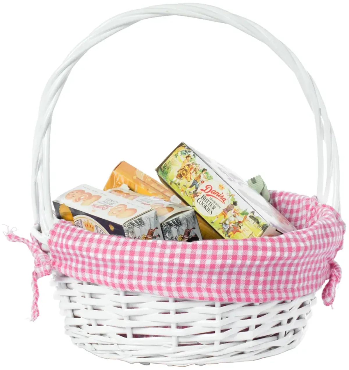 White Round Willow Gift Basket, with Pink Gingham Liner and Handle- Small