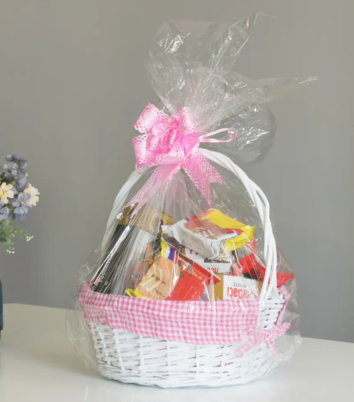 White Round Willow Gift Basket, with Pink Gingham Liner and Handle- Small