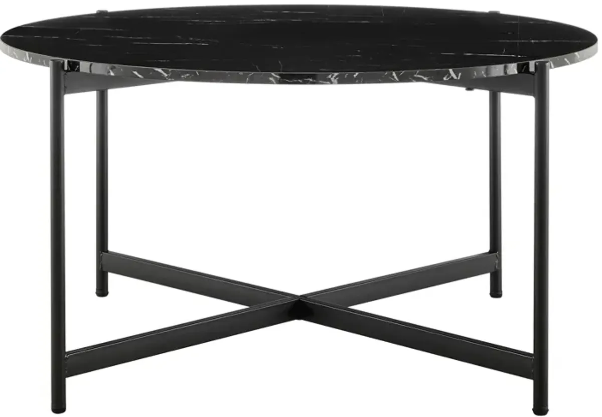 Round Contemporary Marble Finish Veneer Top Black Metal Large Coffee Table