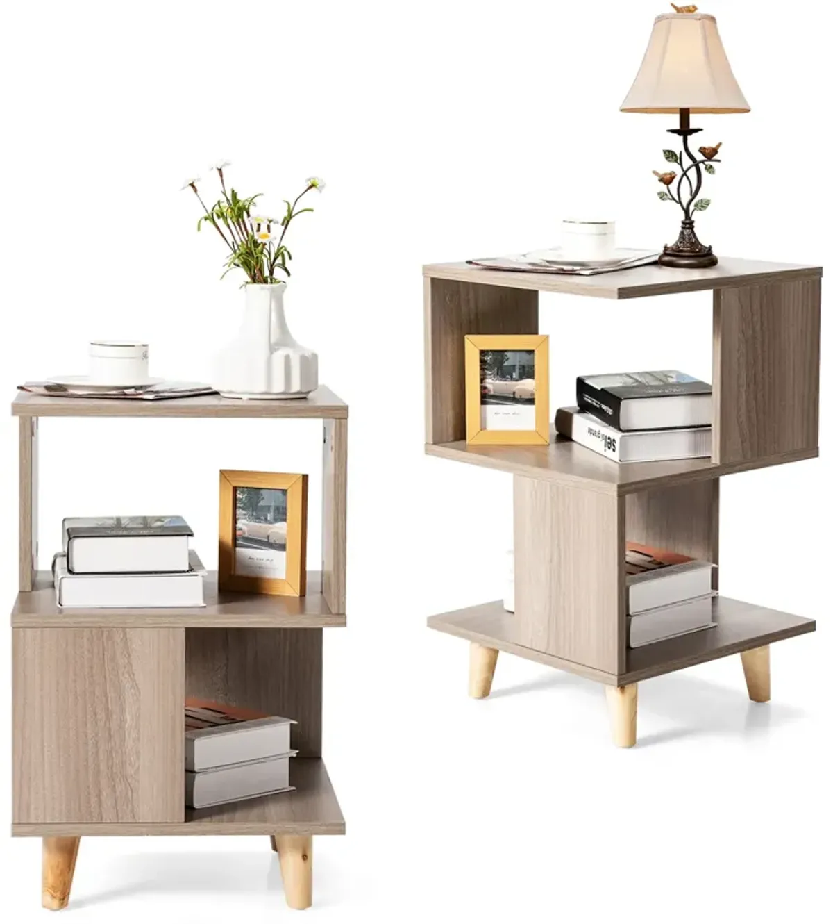 2 Pieces Wooden Modern Nightstand Set with Solid Wood Legs for Living Room