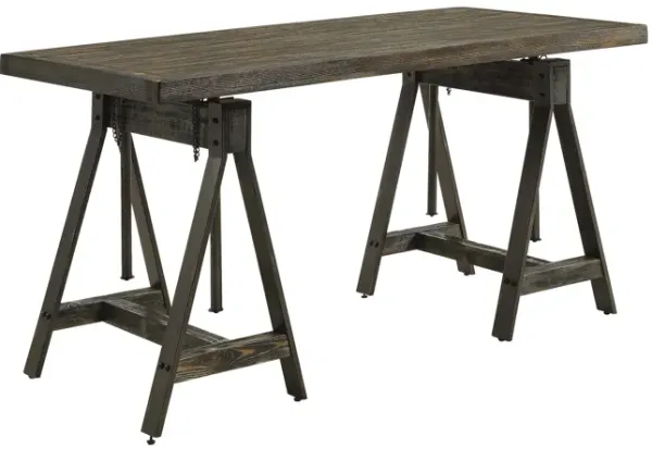 Wood and Metal Frame Adjustable Writing Desk with Canted Base, Brown-Benzara